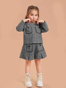 SHEIN 小女童口袋貼布格紋粗花呢襯衫 - 黑與白 - 查看 5