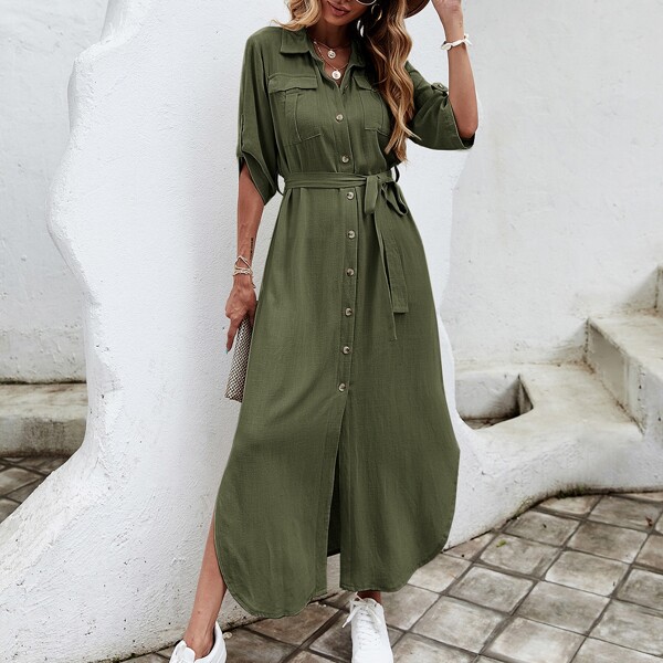 

Flap Pocket Roll-up Sleeve Belted Shirt Dress, Army green