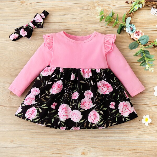 

Baby Girl Floral Print Ruffle Trim Smock Dress With Headband, Multicolor