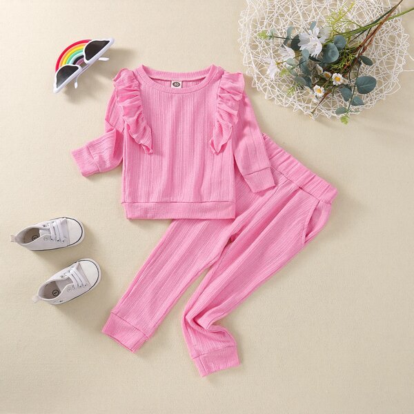 

Baby Ruffle Trimed Sweatshirt & Sweatpants, Baby pink