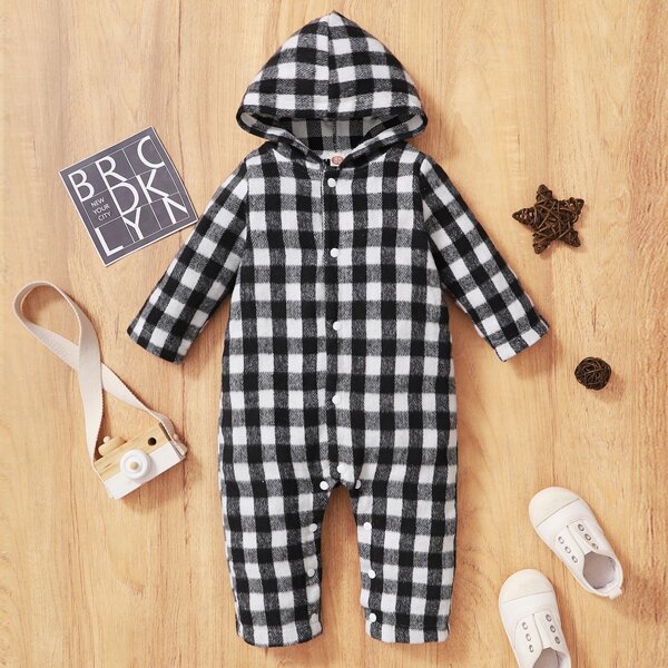 

Baby Girl Gingham Flannel Hooded Jumpsuit, Black and white