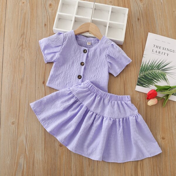 

Toddler Girls Puff Sleeve Button Front Top & Skirt, Purple