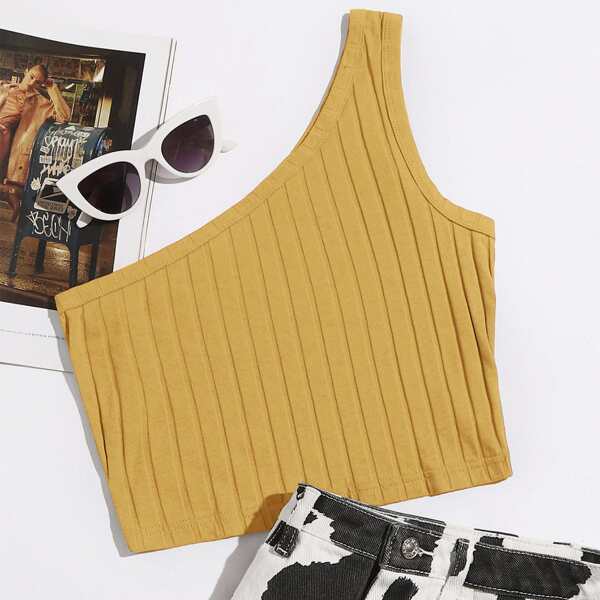 

One Shoulder Rib-knit Crop Top, Mustard yellow