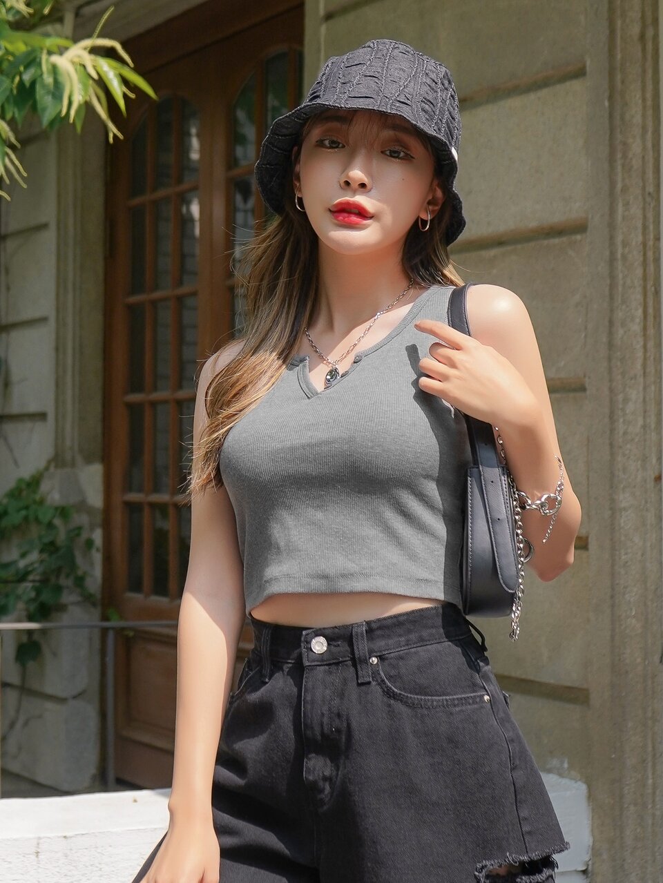 Notched Neck Solid Tank Top