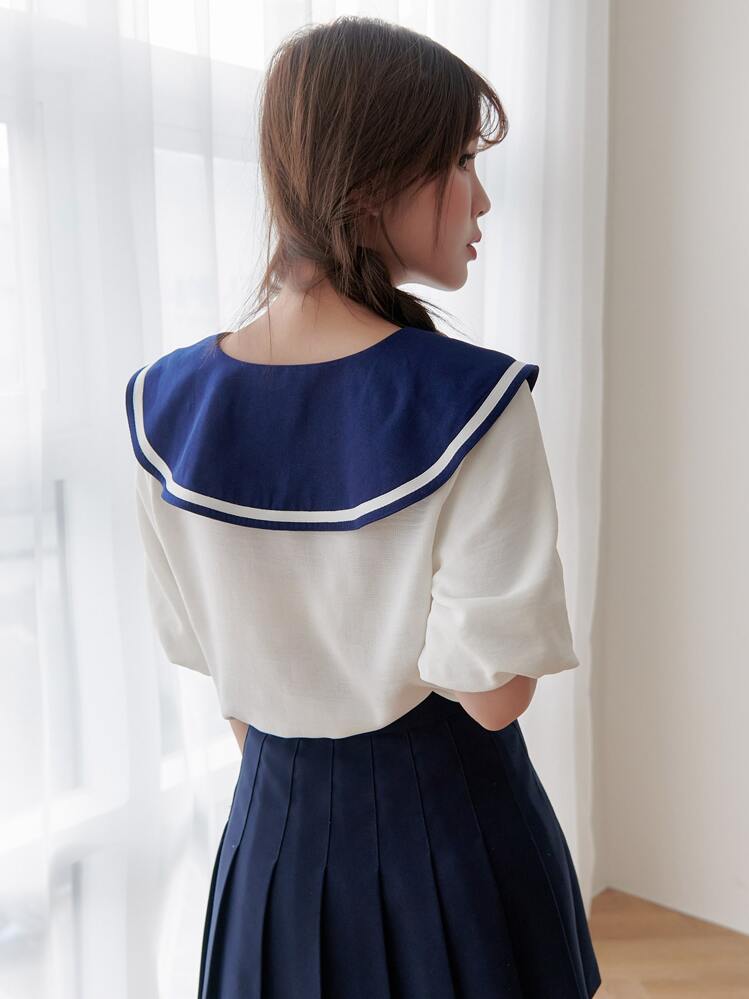 DAZY Blusa en contraste cuello marinero - Beis - Añade 2
