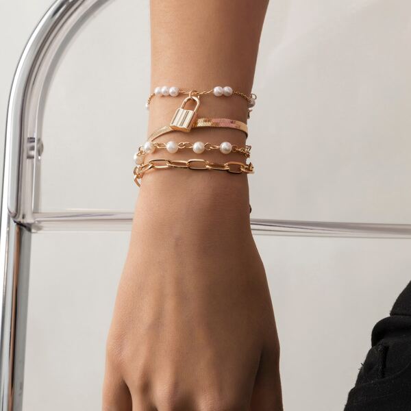 

4pcs Lock Charm Bracelet, Gold