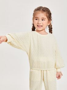 SHEIN Niñas Pullover unicolor de hombros caídos con textura - Beis - Ver 3