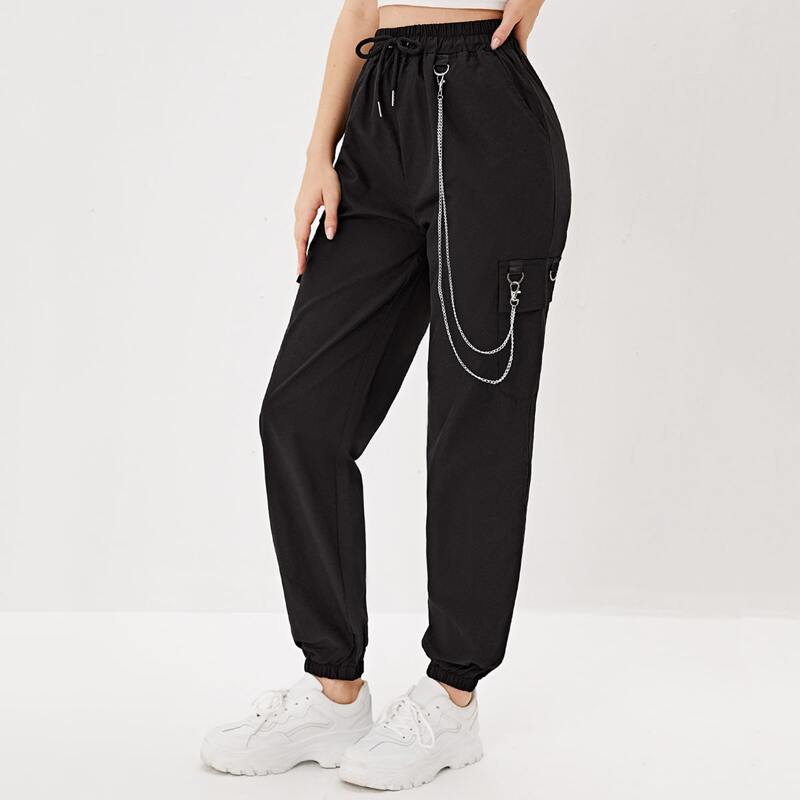 

Chain Detail Drawstring Waist Pants, Black