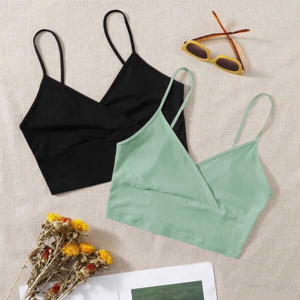 

2pcs Wrap Detail Solid Cami Top, Multicolor