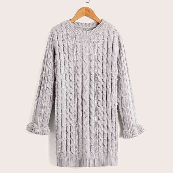 

Girls Flounce Sleeve Cable Knit Sweater Dress, Light grey