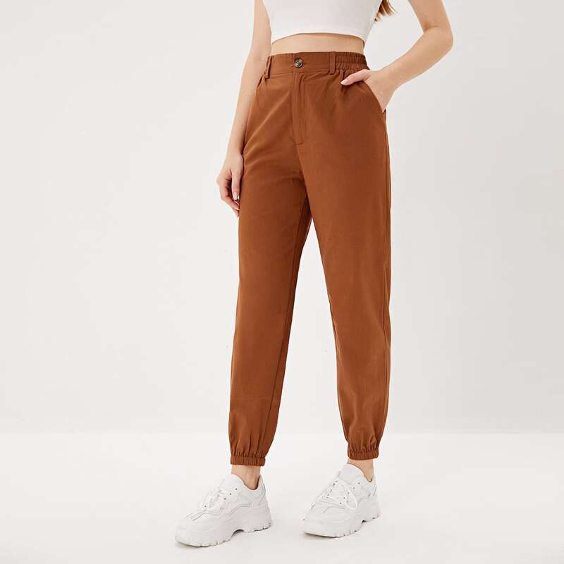

Solid Button Fly Pants, Brown