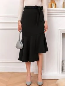 Asymmetrical Split Ruffle Hem Belted Skirt - Black - View 5