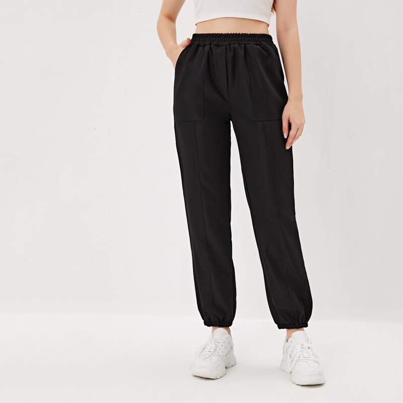 

Solid Elastic Waist Pants, Black