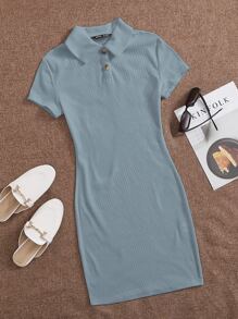 SHEIN EZwear Button Front Rib-knit Bodycon Dress