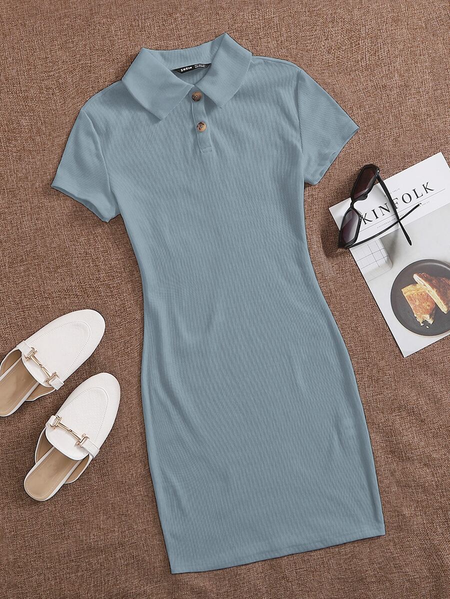 SHEIN EZwear Button Front Rib-knit Bodycon Dress