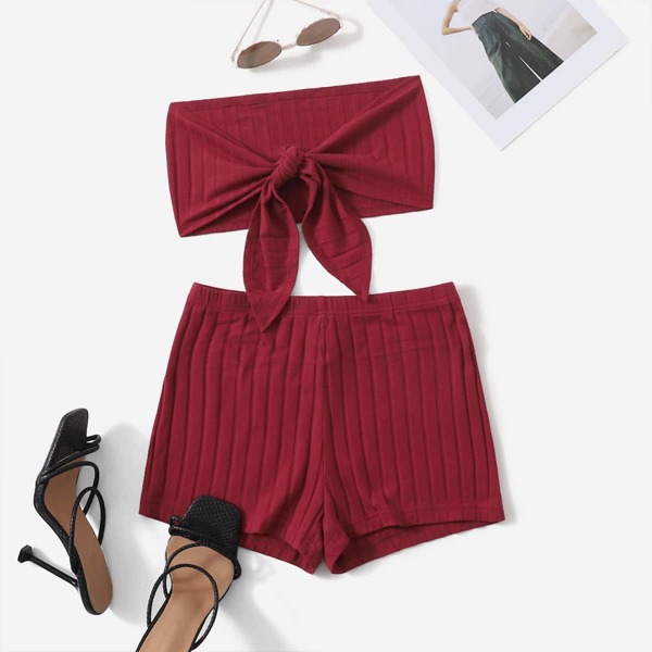 

Tie Front Tube Top & Biker Shorts Set, Burgundy