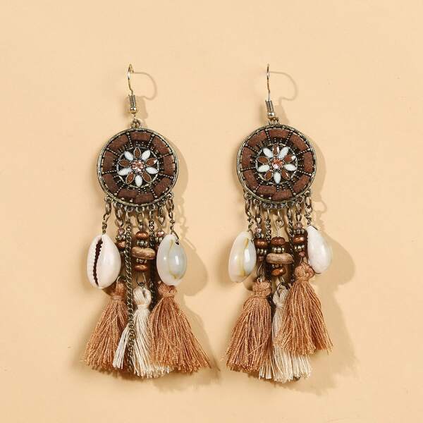 

Shell & Tassel Decor Drop Earrings, Coffee brown