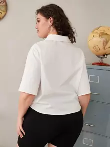 SHEIN EZwear Plus Slogan Graphic Half Button Tie Front Top - White - View 3