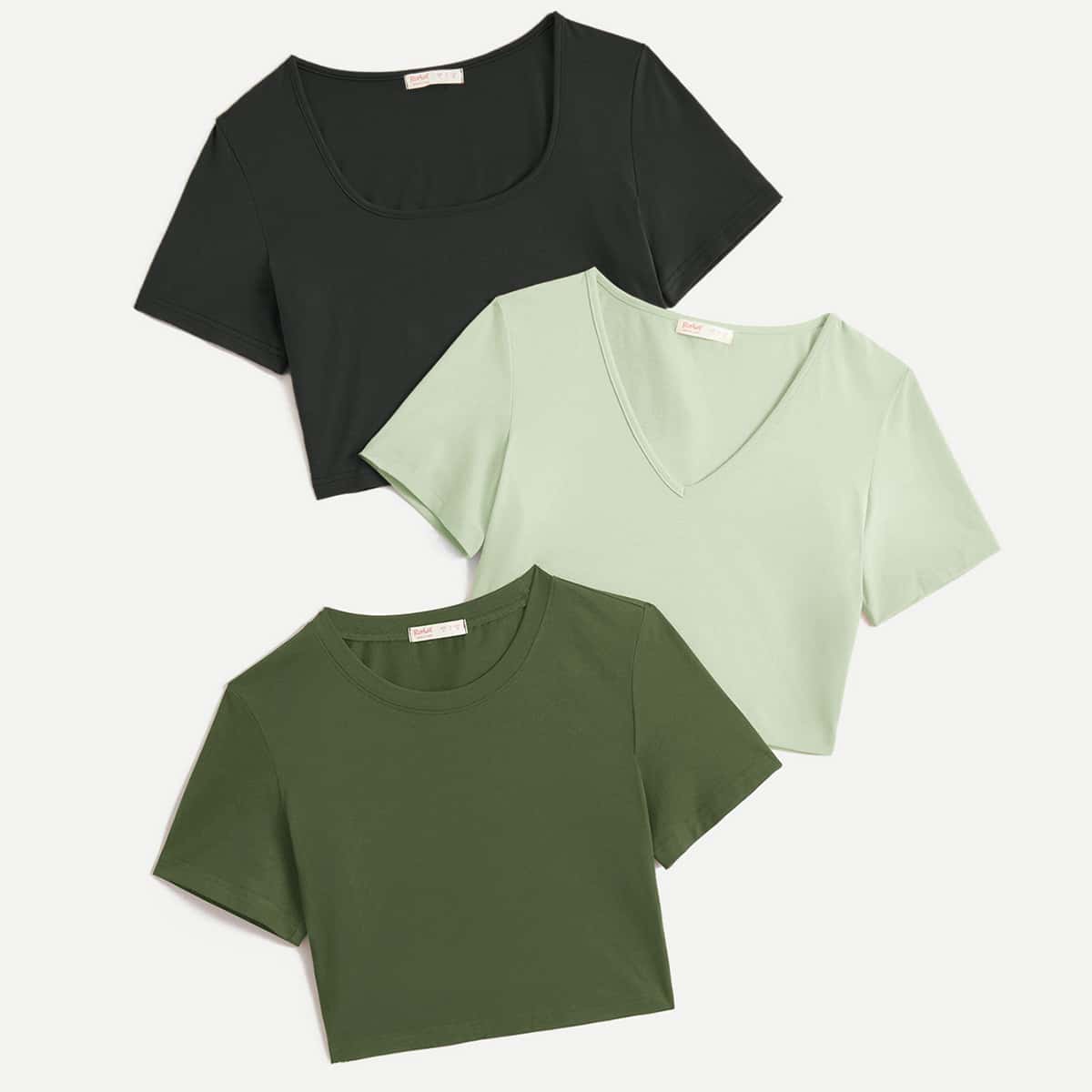 

3pcs Solid Crop Tee, Multicolor