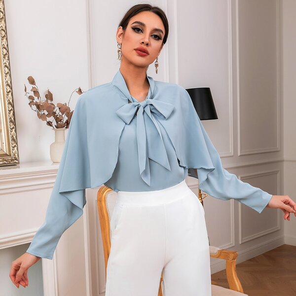 

Solid Tie Front Split Sleeve Blouse, Blue