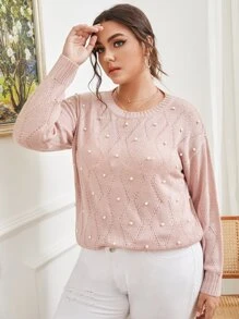 Vionelle Plus Pearl Detail Drop Shoulder Jumper - Baby Pink - View 4