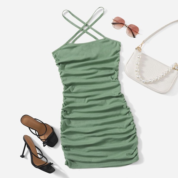 

Ruched Detail Cross Halter Dress, Mint green
