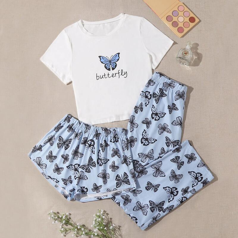 

Letter And Butterfly Print Tee & Shorts & Pants PJ Set, Blue and white