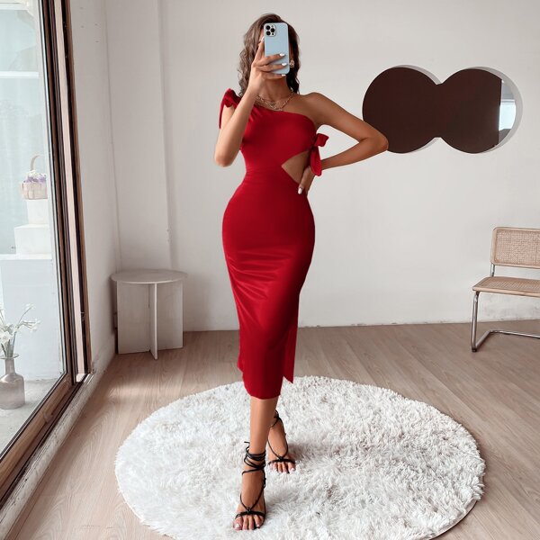 

One Shoulder Cut Out Knot Dress, Red