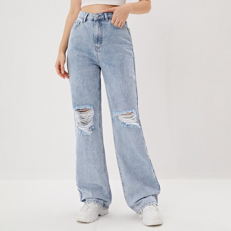 

Ripped Straight Leg Jeans, Light wash