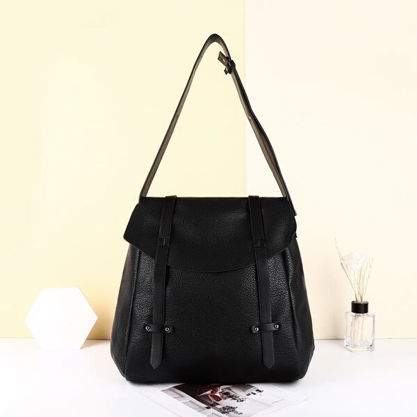 

Strap Decor Flap Square Bag, Black