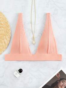 Plain Ribbed V Neck Bikini Top, For Summer Beach Vacation - Coral Pink - View 6