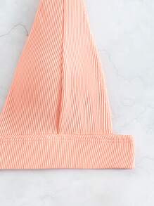 Plain Ribbed V Neck Bikini Top, For Summer Beach Vacation - Coral Pink - View 3