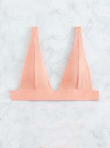 Plain Ribbed V Neck Bikini Top, For Summer Beach Vacation - Coral Pink - View 5