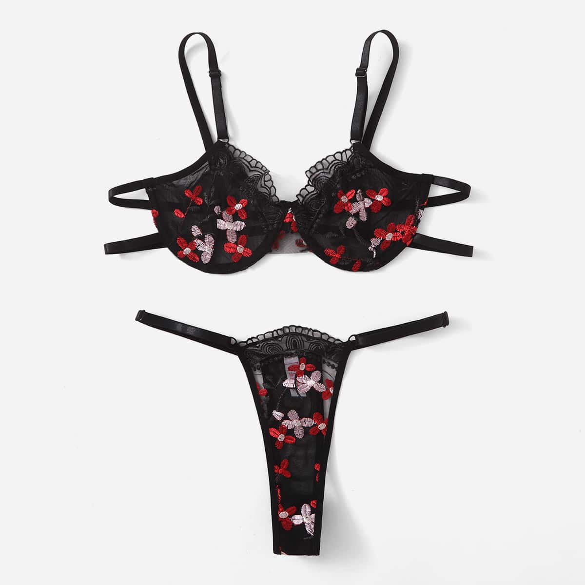 

Floral Embroidered Mesh Underwire Lingerie Set, Black
