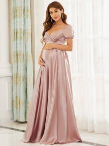 EVERPRETTY Maternity Ruched Surplice Neck Maxi Satin Dress - Dusty Pink - View 1