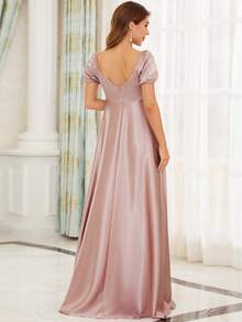 EVERPRETTY Maternity Ruched Surplice Neck Maxi Satin Dress - Dusty Pink - View 2