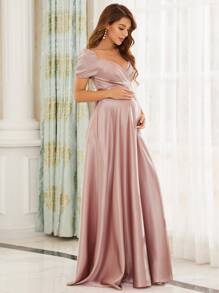 EVERPRETTY Maternity Ruched Surplice Neck Maxi Satin Dress - Dusty Pink - View 3
