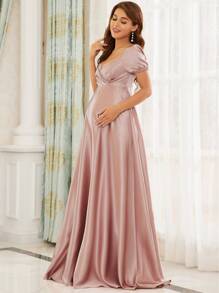 EVERPRETTY Maternity Ruched Surplice Neck Maxi Satin Dress - Dusty Pink - View 4