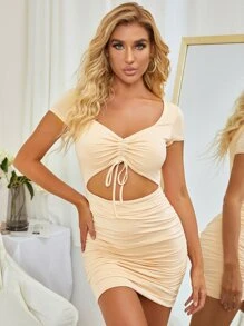 PARTHEA Đầm Cắt ra Dây kéo Nếp gấp Phần Ngực màu trơn Gợi cảm - Màu be - Xem 1