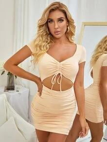 PARTHEA Đầm Cắt ra Dây kéo Nếp gấp Phần Ngực màu trơn Gợi cảm - Màu be - Xem 5