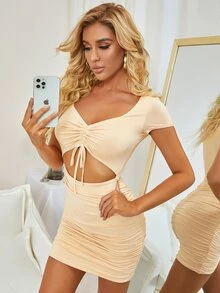 PARTHEA Đầm Cắt ra Dây kéo Nếp gấp Phần Ngực màu trơn Gợi cảm - Màu be - Xem 8