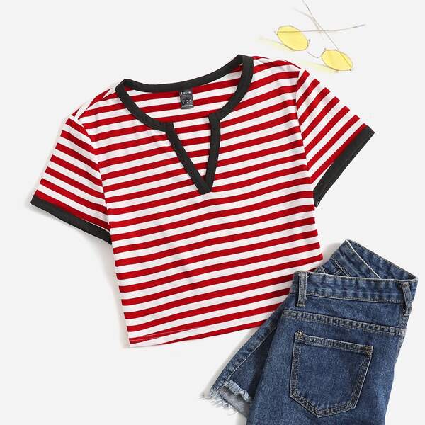

Notched Neck Striped Tee, Red and white