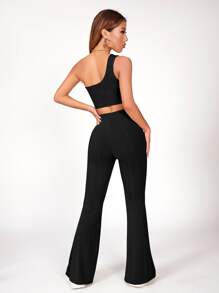 SHEIN PETITE Top corto de un hombro unicolor con pantalones - Negro - Ver 2