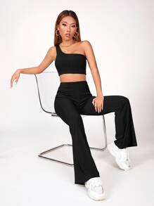 SHEIN PETITE Top corto de un hombro unicolor con pantalones - Negro - Ver 3
