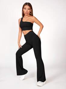 SHEIN PETITE Top corto de un hombro unicolor con pantalones - Negro - Ver 4
