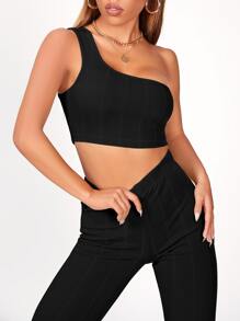SHEIN PETITE Top corto de un hombro unicolor con pantalones - Negro - Ver 5