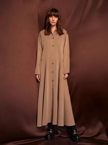 Solid Drop Shoulder Button Up Shirt Dress - Brown - View 1
