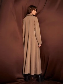 Solid Drop Shoulder Button Up Shirt Dress - Brown - View 2