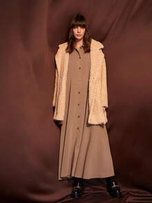 Solid Drop Shoulder Button Up Shirt Dress - Brown - View 3