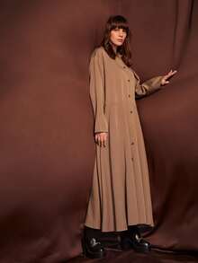 Solid Drop Shoulder Button Up Shirt Dress - Brown - View 4